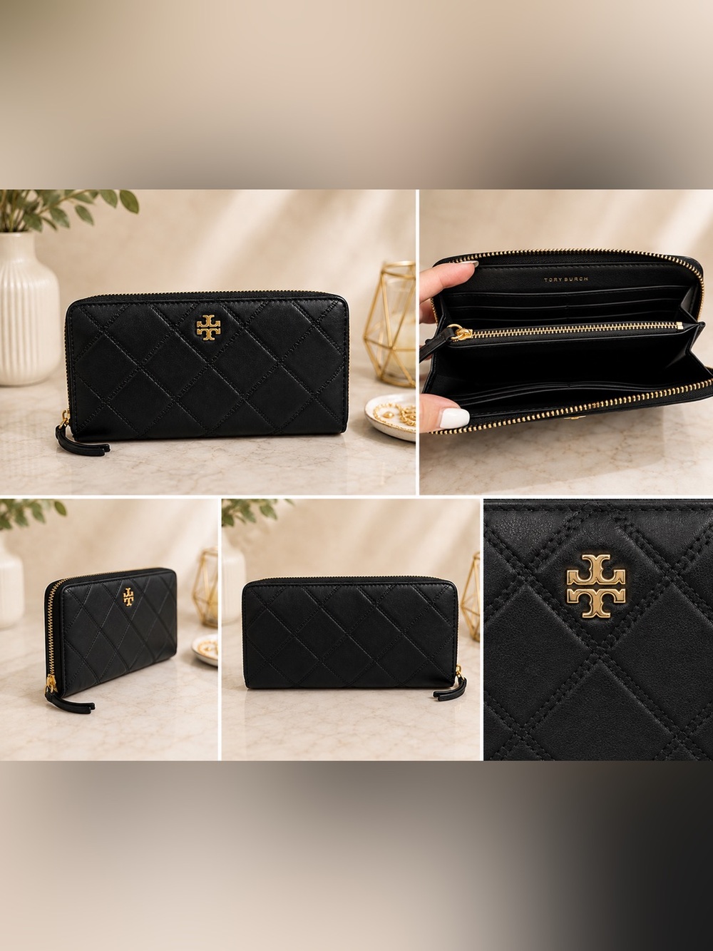 Tory Burch Black Quilted Zip-Around Wallet with Gold Logo
